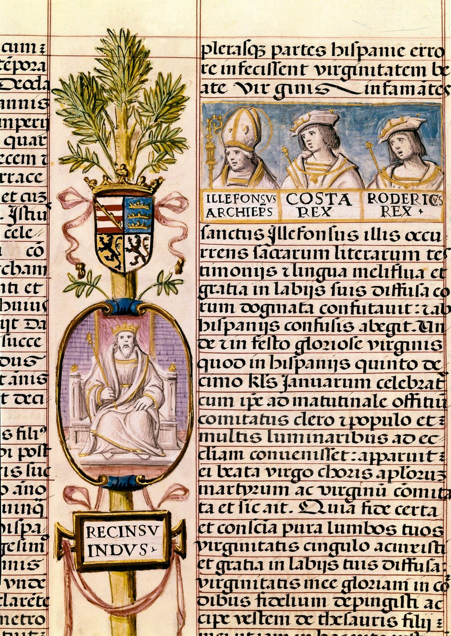 Retrato de Flavius ​​​​Recceswinth, Rei dos Visigodos da Espanha de 653 até sua morte em 672, miniatura em "Genealogia dos Reis da Espanha" de Alfonso de Cartagena