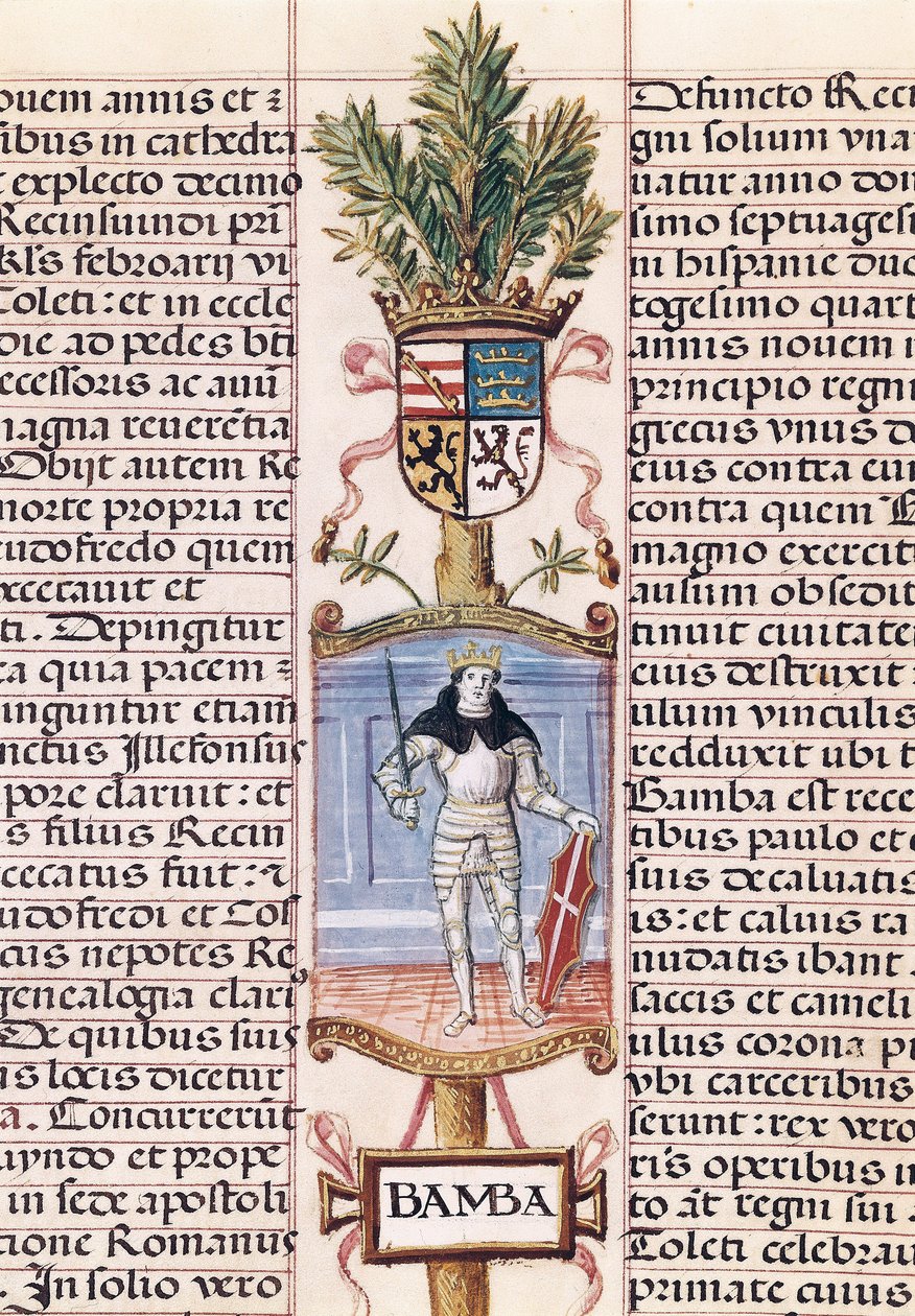 Retrato do rei visigodo Wamba (d. 688, Rei de Espanha de 672-680/681, de "Genealogia dos Reis de Espanha" de Alonso de Cartagena de Alfonso de Cartagena