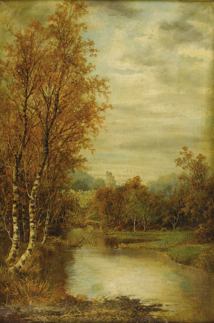 Paisagem de outono com lagoa e torre do castelo de Alfred Augustus Glendening