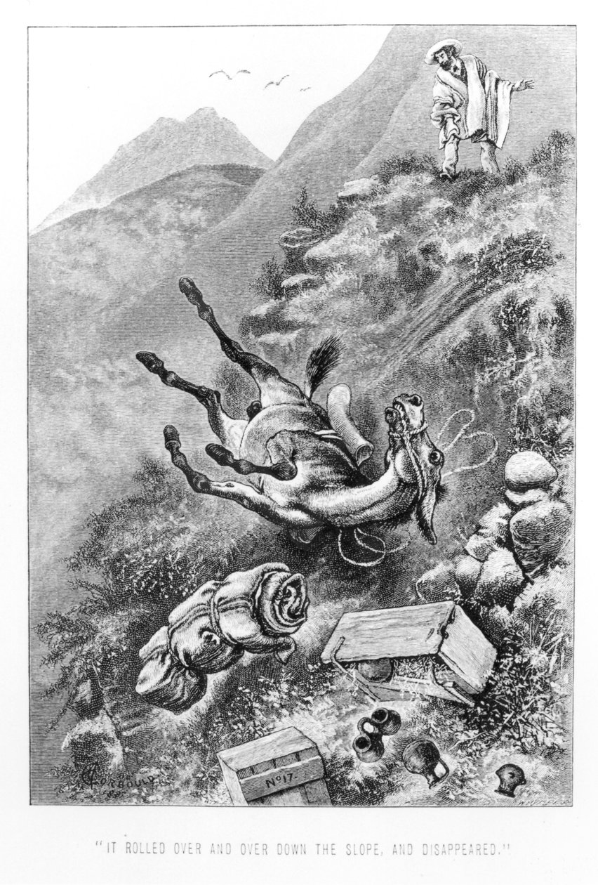 Troféus arqueológicos destruídos na estrada para Quito, Equador, de "Viagens Entre os Grandes Andes do Equador", de Edward Whymper, 1892 de Alfred Chantrey Corbould