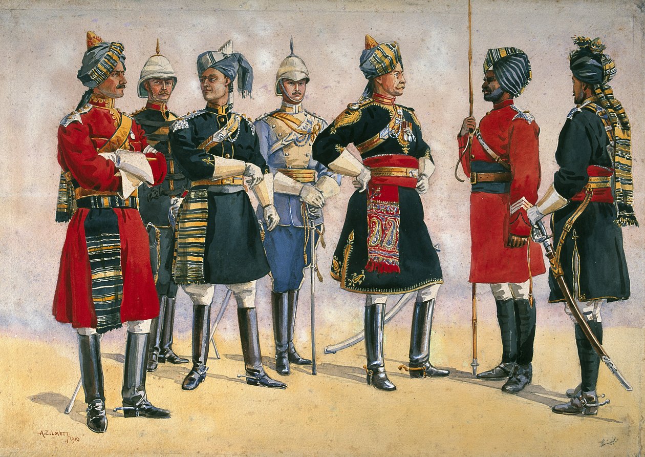 Oficiais britânicos, exército indiano, ilustração para &39;exércitos da Índia&39;, publicado em 1911, 1910 de Alfred Crowdy Lovett
