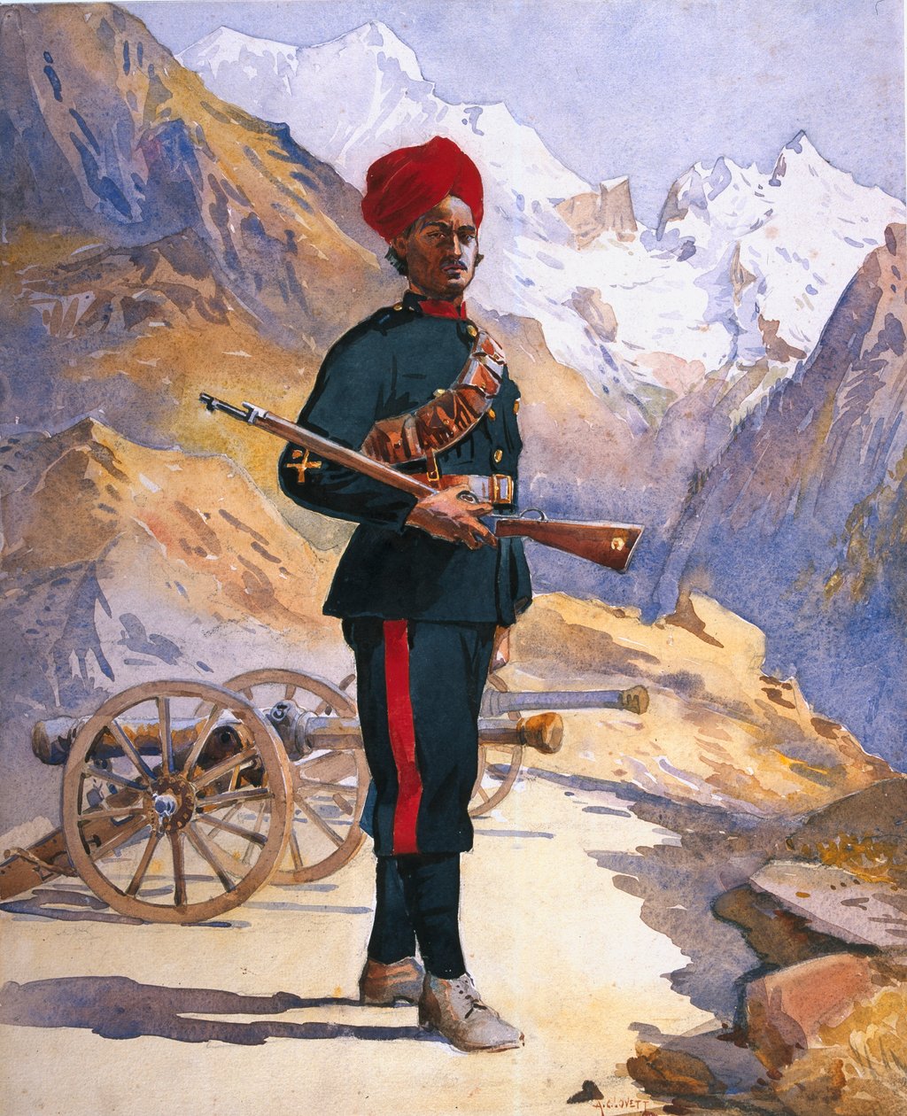 Artilheiro da montanha bateria, Punjabi Musalman, ilustração para &39;exércitos da Índia&39; pelo major GF MacMunn, publicado em 1911, 1908 de Alfred Crowdy Lovett