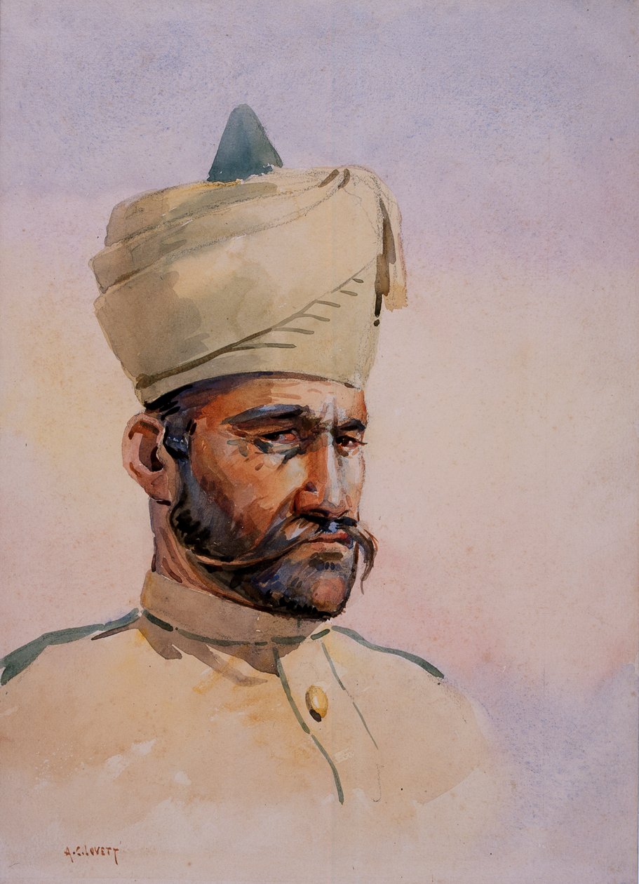 Soldado do 40º Pathans, Malikdin Khel (Afridi), ilustração para &39;Exércitos da Índia&39; pelo Major GF MacMunn, publicado em 1911, 1908 de Alfred Crowdy Lovett