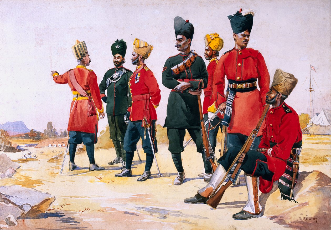 Soldado da Infantaria Rajputana, ilustração de &39;Exércitos da Índia&39; pelo Major GF MacMunn, publicado em 1911, 1908 de Alfred Crowdy Lovett