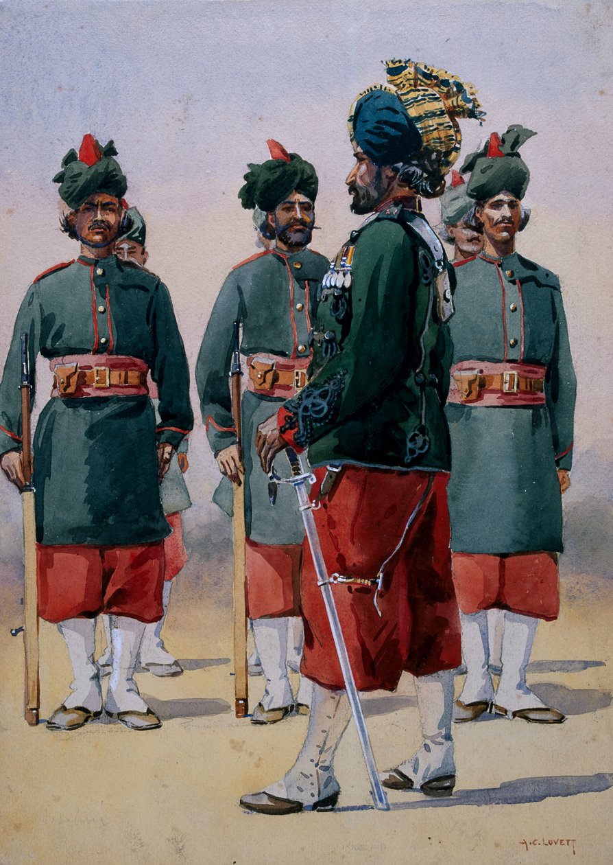 Soldados da Infantaria Baluch Light da 127ª Rainha Mary, ilustração para "Exércitos da Índia" pelo major GF MacMunn, publicada em 1911, 1908 de Alfred Crowdy Lovett