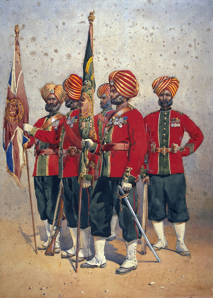 Soldados do dia 15 Ludhiana Sikhs, ilustração para &39;Exércitos da Índia&39; pelo Major GF MacMunn, publicado em 1911, 1908 de Alfred Crowdy Lovett