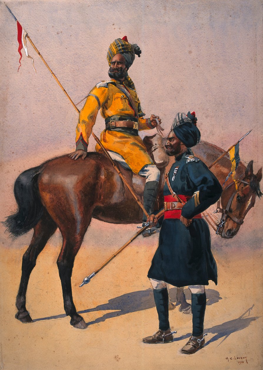 Soldados dos lancers do 1º duque de York (cavalo de Skinner) Hindustani Musalman e 3º cavalo de Skinner, Musalman Rajput, ilustração de &39;Exércitos da Índia&39; pelo Major GF MacMunn, publicado em 19 de Alfred Crowdy Lovett