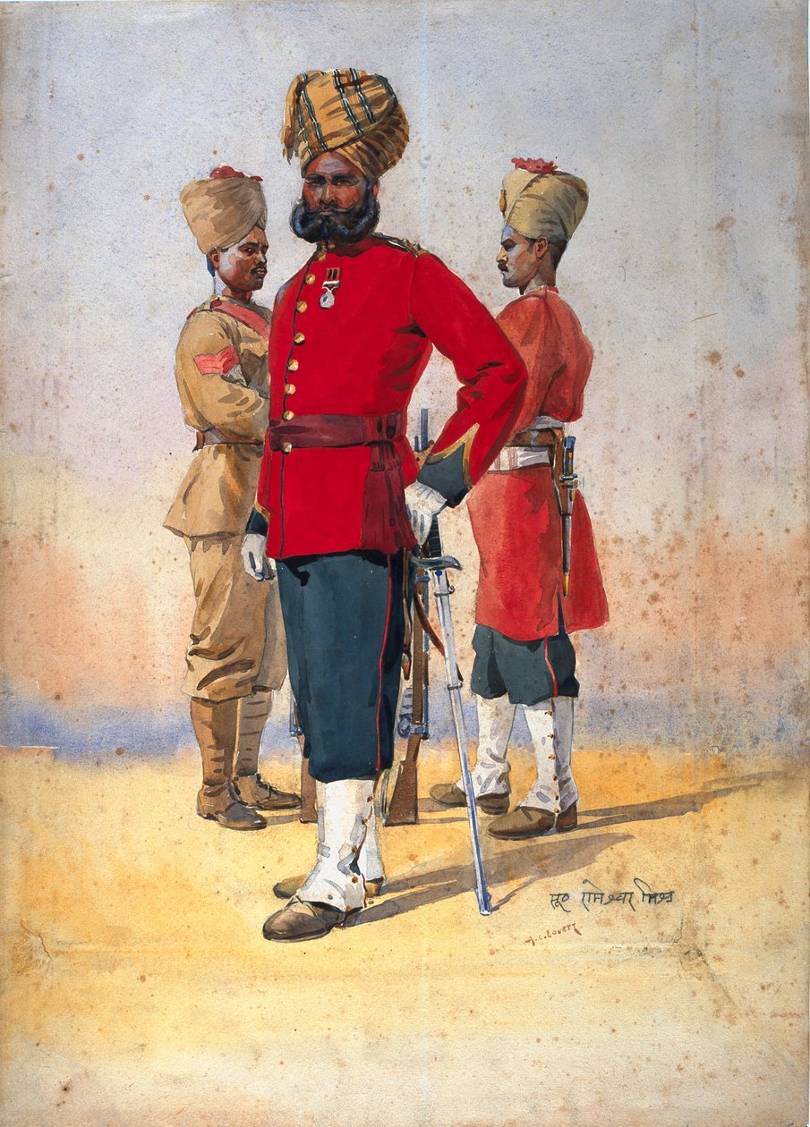 Soldados do 1º e 3º Brahmans, Subadar, ilustração para &39;Exércitos da Índia&39; pelo Major GF MacMunn, publicado em 1911, 1908 de Alfred Crowdy Lovett