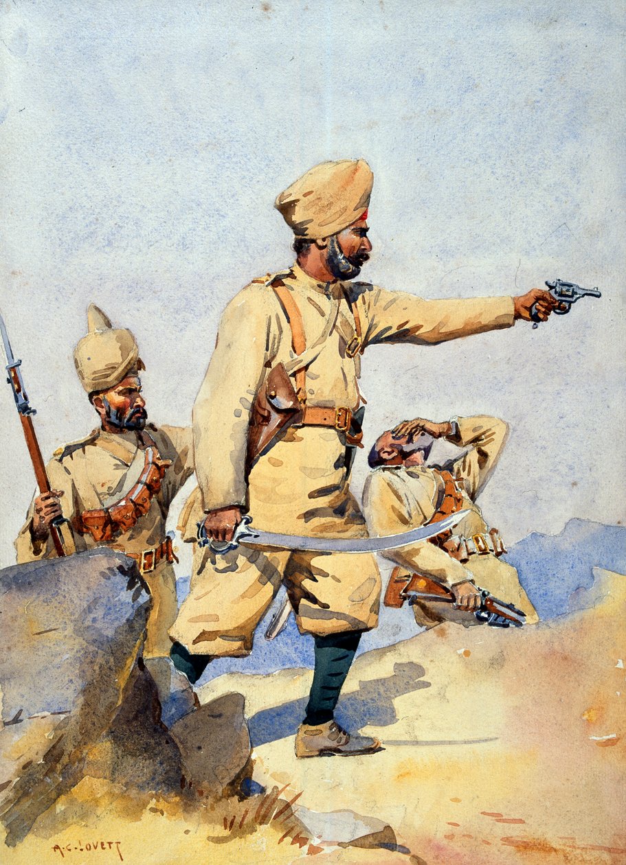 Soldados do 24º Punjabis Malikdin Khel (Afridi) e Subadar, Jay Sikh, ilustração para &39;Exércitos da Índia&39; pelo Major GF MacMunn, publicado em 1911, 1908 de Alfred Crowdy Lovett
