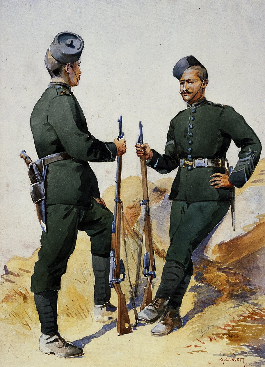 Soldados da 39th Garwhal Rifles, Garwhalis, ilustração para &39;Exércitos da Índia&39; pelo Major GF MacMunn, publicado em 1911, 1908 de Alfred Crowdy Lovett