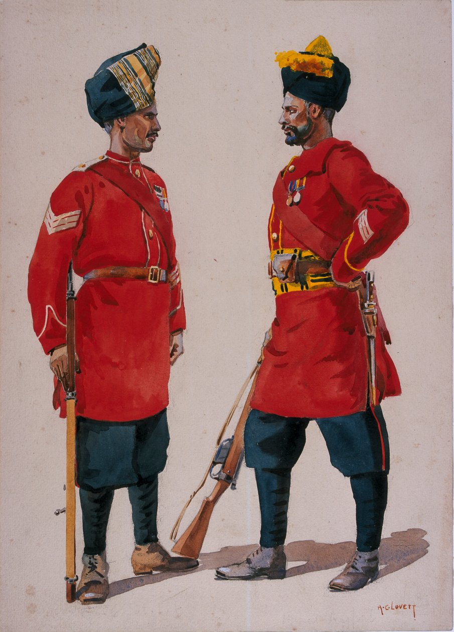 Soldados da 5ª Infantaria Ligeira, Musalman Rajput e a 6ª Infantaria Jat Light, Jat Havildars, ilustração para &39;Exércitos da Índia&39; pelo Major GF MacMunn, publicado em 1911, 1908 de Alfred Crowdy Lovett
