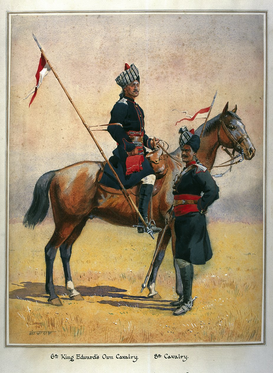 Soldados da 6ª Cavalaria Própria de Edward e a 8ª Cavalaria, ilustração para &39;Exércitos da Índia&39; pelo major GF MacMunn, publicada em 1911, 1908 de Alfred Crowdy Lovett