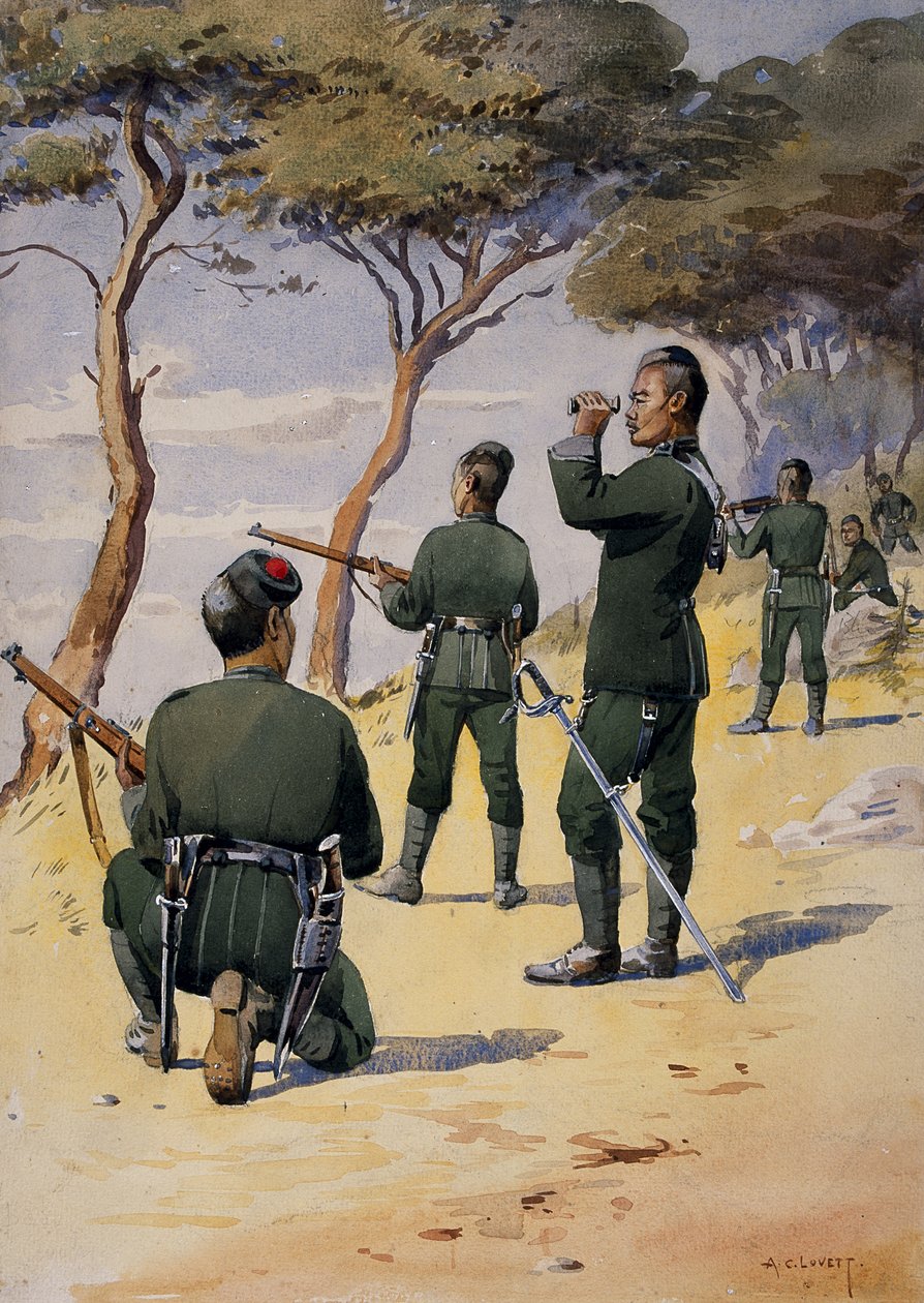Soldados do 6º Gurkha Rifles, ilustração para &39;Exércitos da Índia&39; pelo Major GF MacMunn, publicado em 1911, 1908 de Alfred Crowdy Lovett