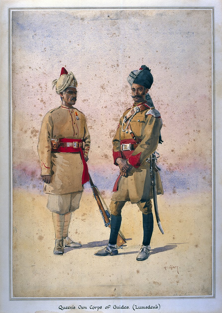 Soldados da Infantaria do Corpo da Rainha de Guias (Lumsden), Tanaoli (Pathan) ilustração para &39;Exércitos da Índia&39; pelo major GF MacMunn, publicado em 1911, 1908 de Alfred Crowdy Lovett