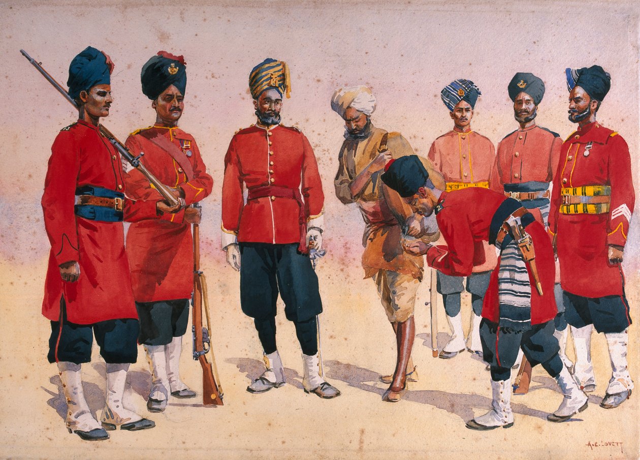 Soldados do Regimento Rajput, ilustração para &39;Exércitos da Índia&39; pelo Major GF MacMunn, publicado em 1911, 1908 de Alfred Crowdy Lovett