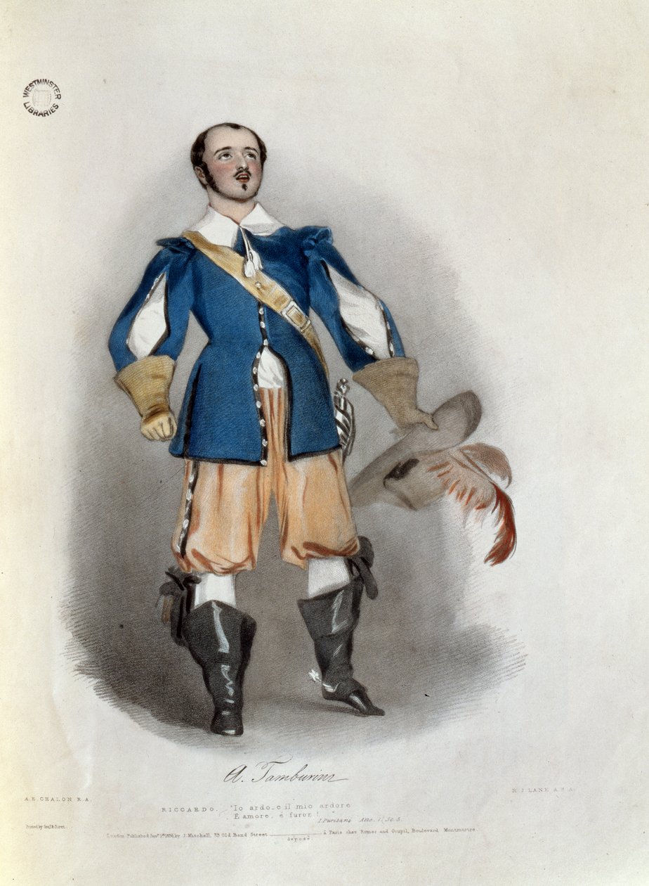 Antonio Tamburini (1800-76) como Riccardo em &39;I Puritani&39;, de &39;Recollections of the Italian Opera&39;, gravado por Richard James Lane (1800-72), 1836 de Alfred Edward Chalon