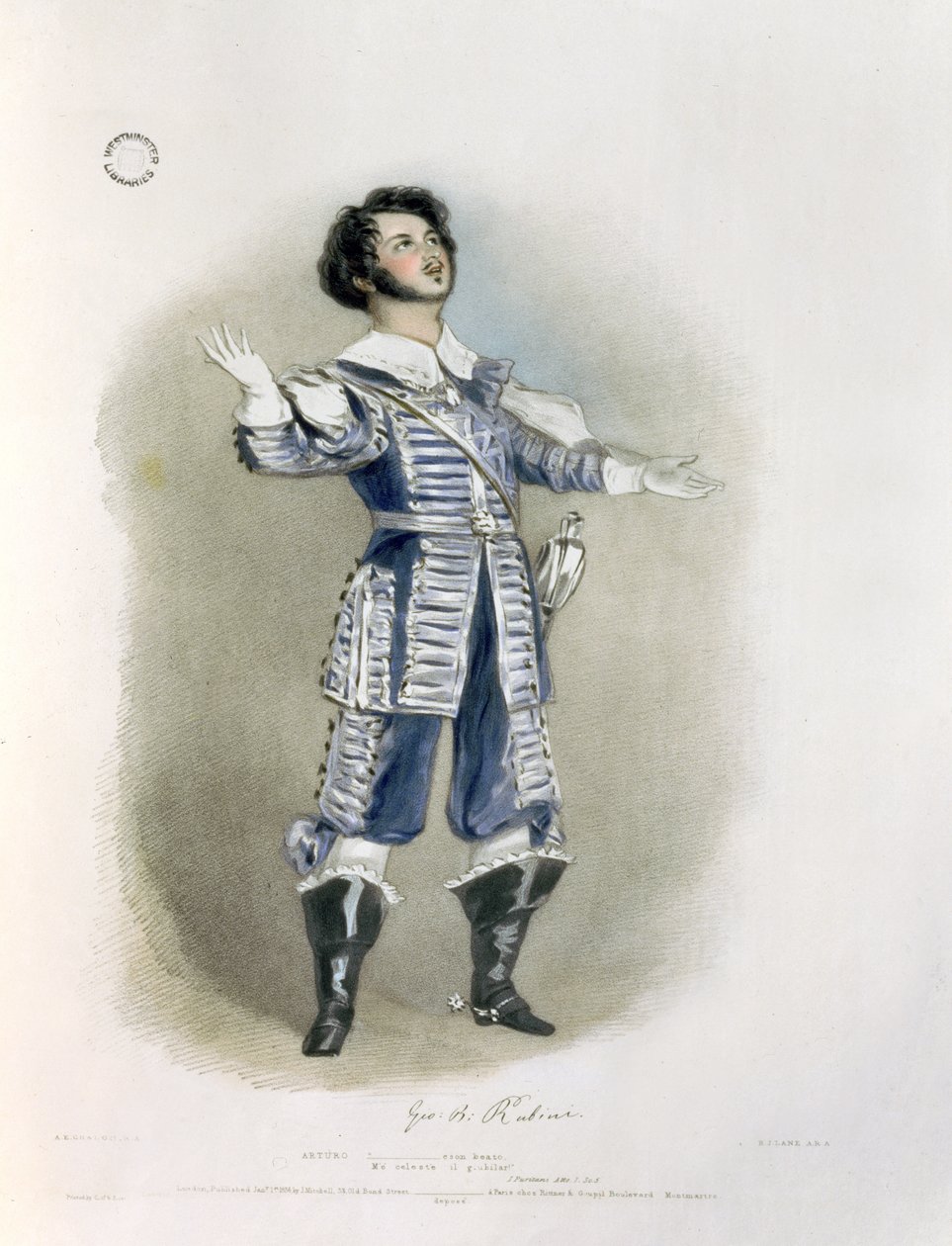 Giovanni Battista Rubini (1794-1854) como Arturo em &39;I Puritani&39;, de &39;Recollections of the Italian Opera&39;, gravado por Richard James Lane (1800-72), 1836 (ver 123980 para prova) de Alfred Edward Chalon