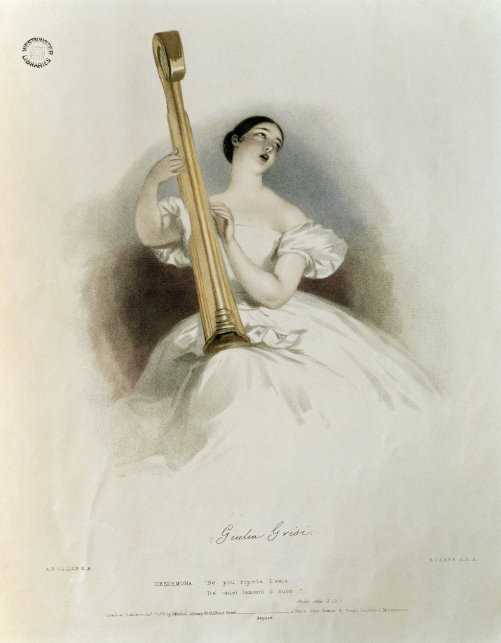 Giulia Grisi (1811-69) como Desdêmona em &39;Otello&39;, de &39;Recordações da ópera italiana&39;, gravada por Richard James Lane (1800-72) 1836 de Alfred Edward Chalon