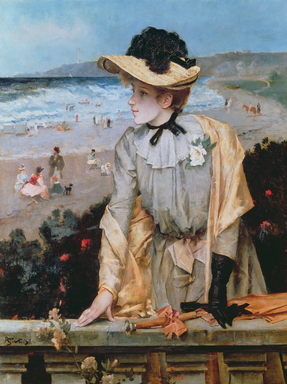 Jovem mulher na praia ou a Parisienne pelo mar de Alfred Emile Stevens