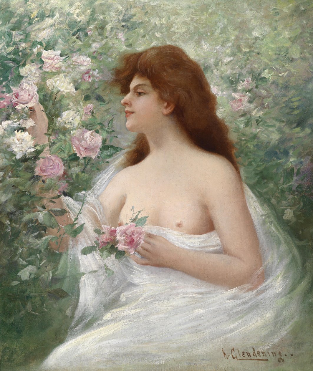 Mulher jovem, colheita, rosas de Alfred, Jr. Glendening