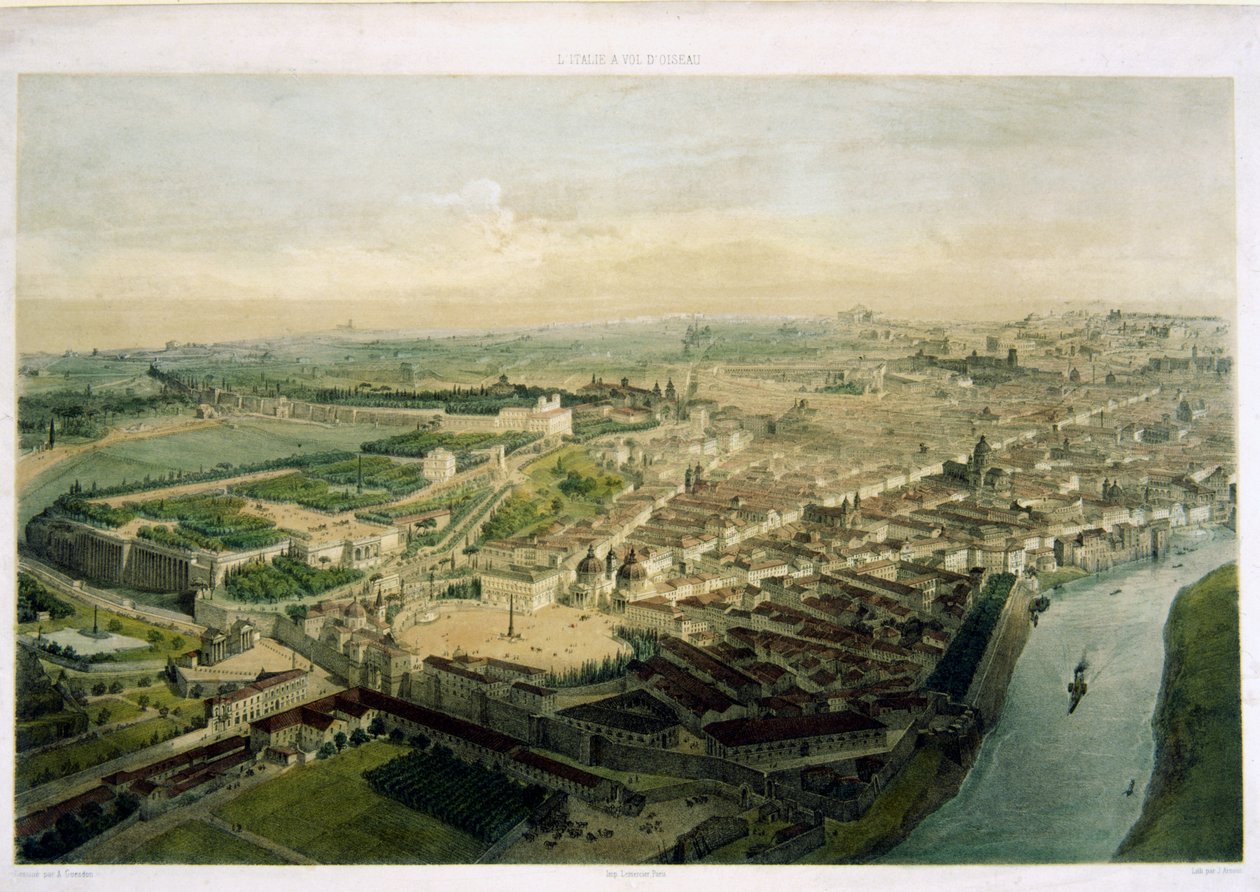 Vista de Roma sobre a Porta del Popolo, litografia de J. Arnout de Alfred Guesdon