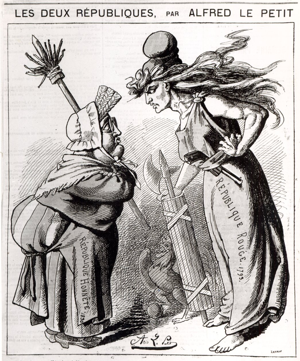 Caricatura, descrevendo, a, social, república francesa, contra, a, conservative, república francesa, de, &39;Le, Grelot&39;, 1872 de Alfred Le Petit