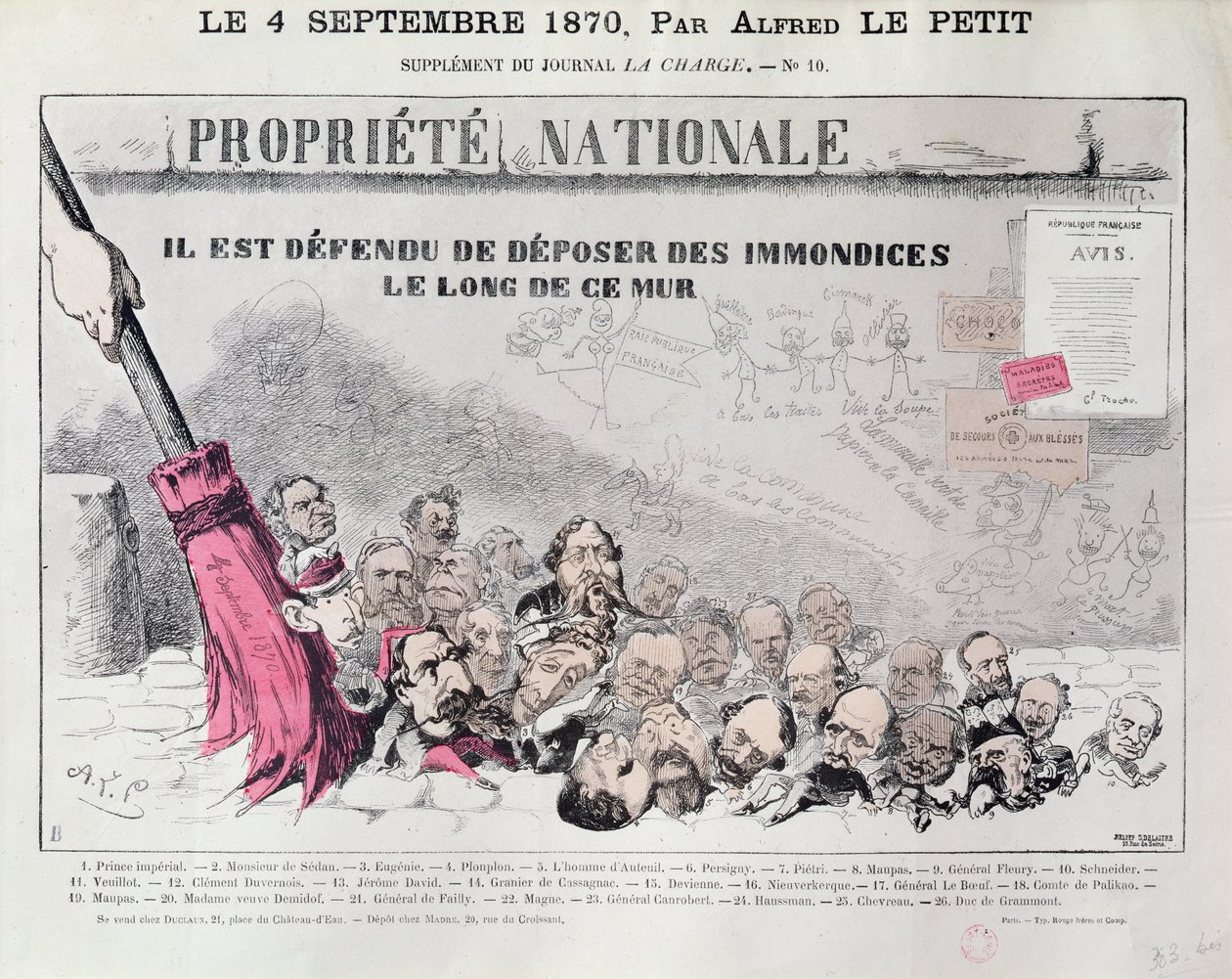 "Defesa para depositar lixo ao longo deste muro", caricatura dos políticos do Segundo Império, de "The Charge", 4 de setembro de 1870 de Alfred Le Petit