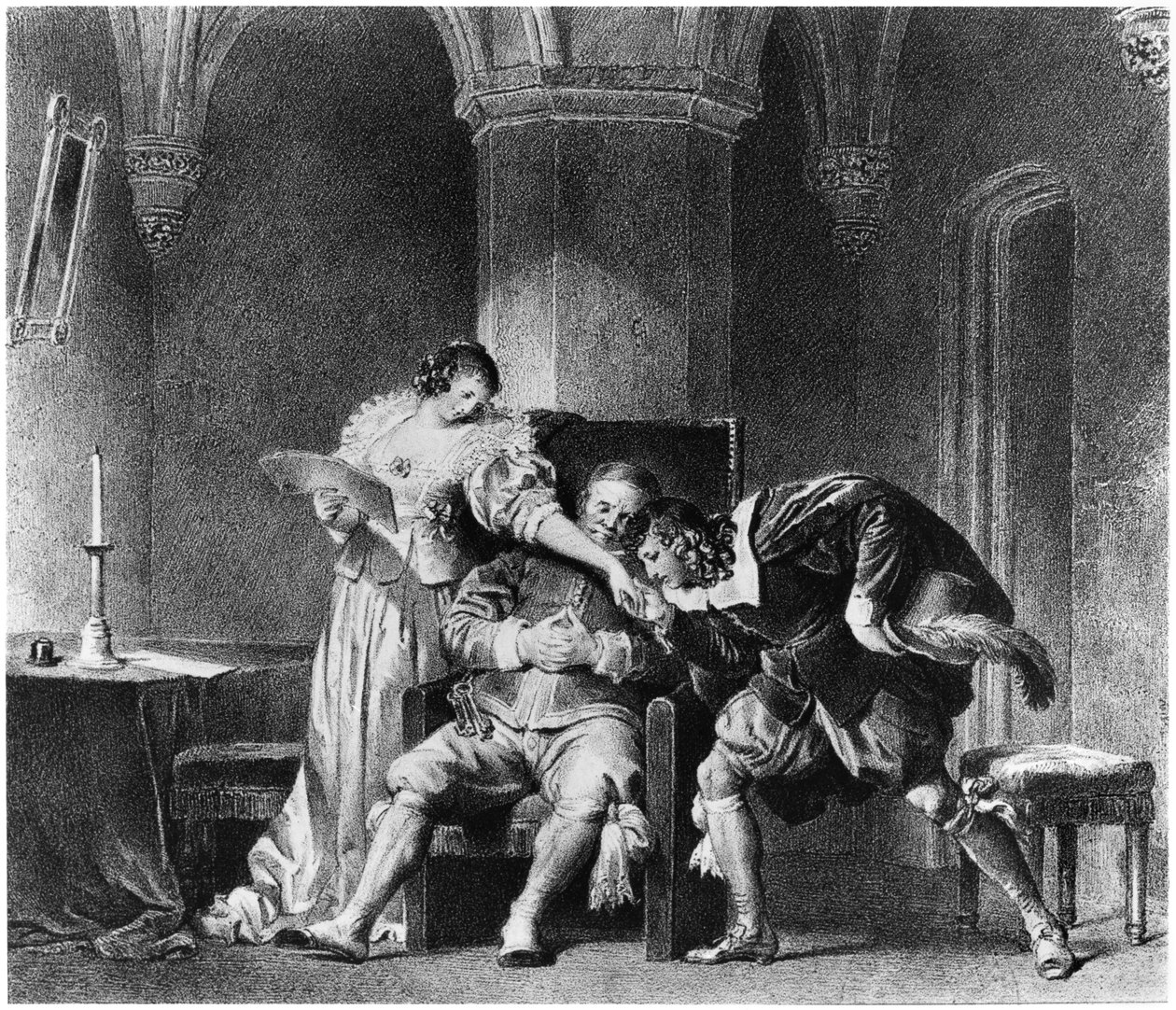 Rosine, Bartholo, Conde Almaviva, ilustração de "O Barbeiro de Sevilha" por Pierre Augustin Caron de Beaumarchais (1732-99) de Alfred Leon Lemercier