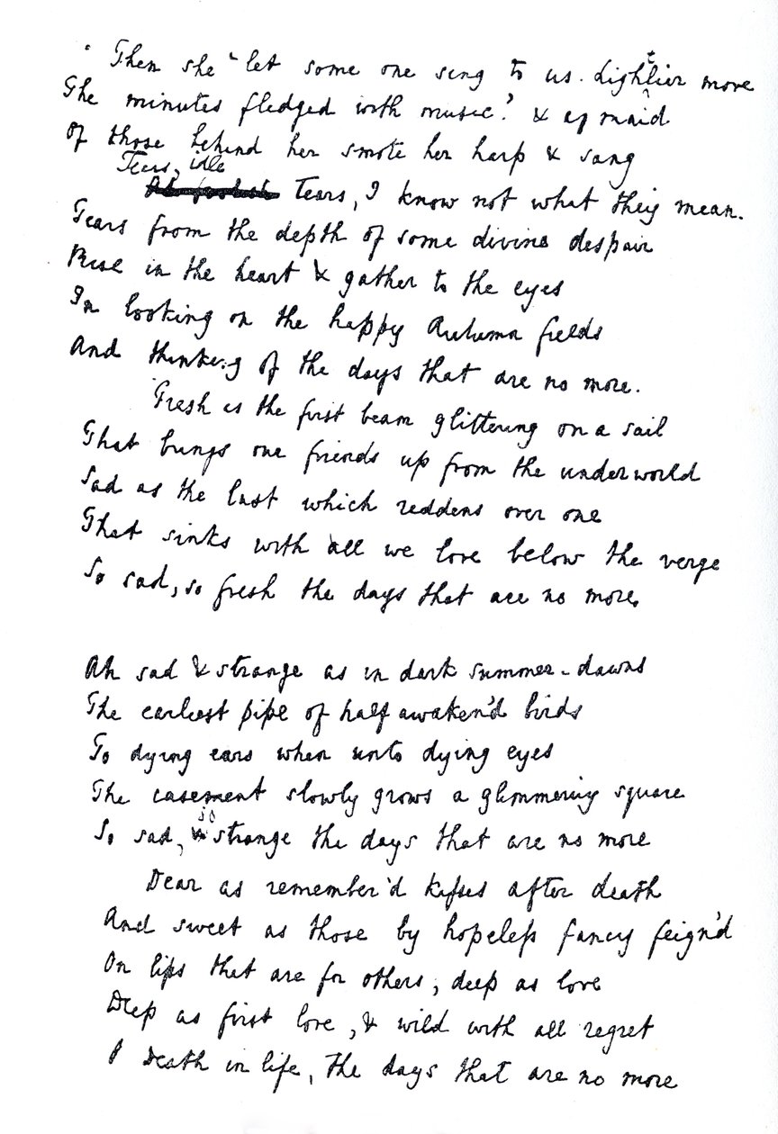 Esboço original para o poema &39;Tears Idle Tears&39;, publicado pela primeira vez c.1847 de Alfred Lord Tennyson