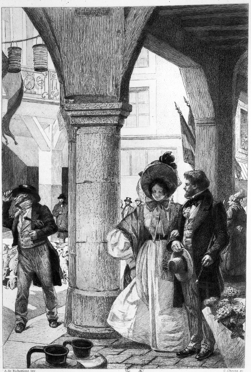Emma Bovary caminhando com um companheiro de &39;Madame Bovary&39; por Gustave Flaubert, gravado por Carlo Chessa (1855-1925), 1906 de Alfred Paul Marie Richemont