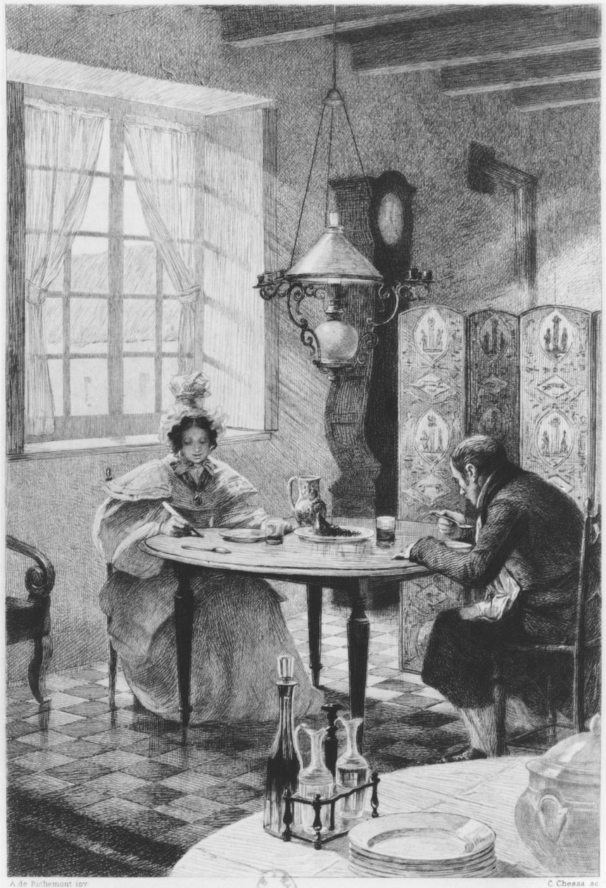 Emma e Charles Bovary, ilustração de &39;Madame Bovary&39; por Gustave Flaubert (1821-1880) gravada por Carlo Chessa (1855-1925) 1905 de Alfred Paul Marie Richemont