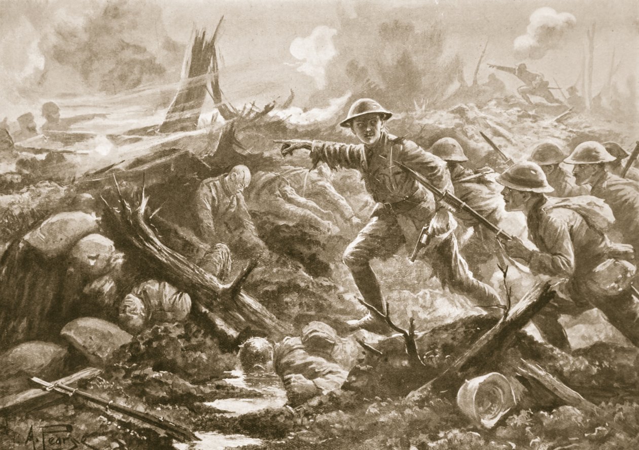 Tenente (Tenente-Coronel Temporário) RB Bradford, MC, reúne os homens de outro batalhão e os lidera com seu próprio batalhão de Alfred Pearse