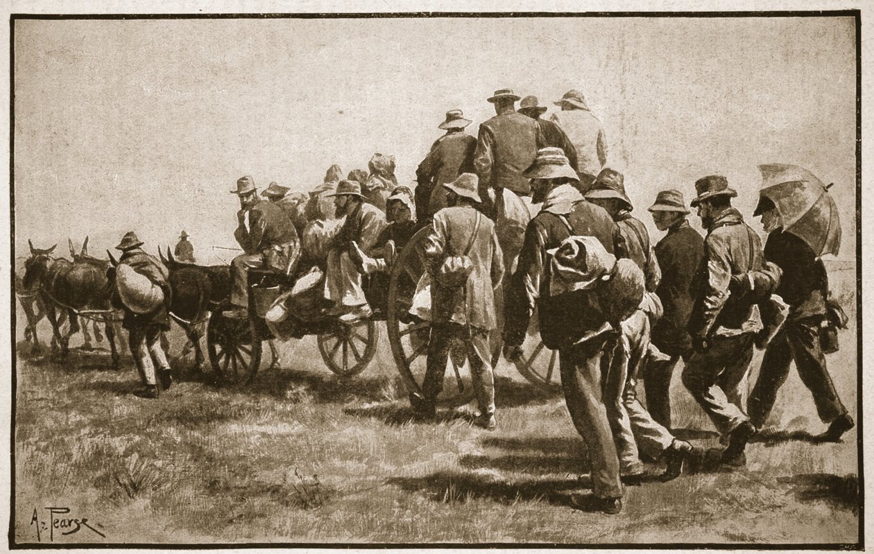 Alguns dos companheiros de prisão de Cronje a caminho do Cabo, ilustração de "Battles of the 19th Century", vol. VI: A Guerra dos Bôeres de 1899-1900 &39;por Archibald Forbes, GA Henty e Major Arthur G de Alfred Pearse