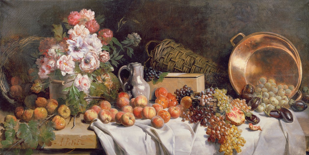 Ainda vida com flores e frutas em uma mesa de Alfred Le Petit