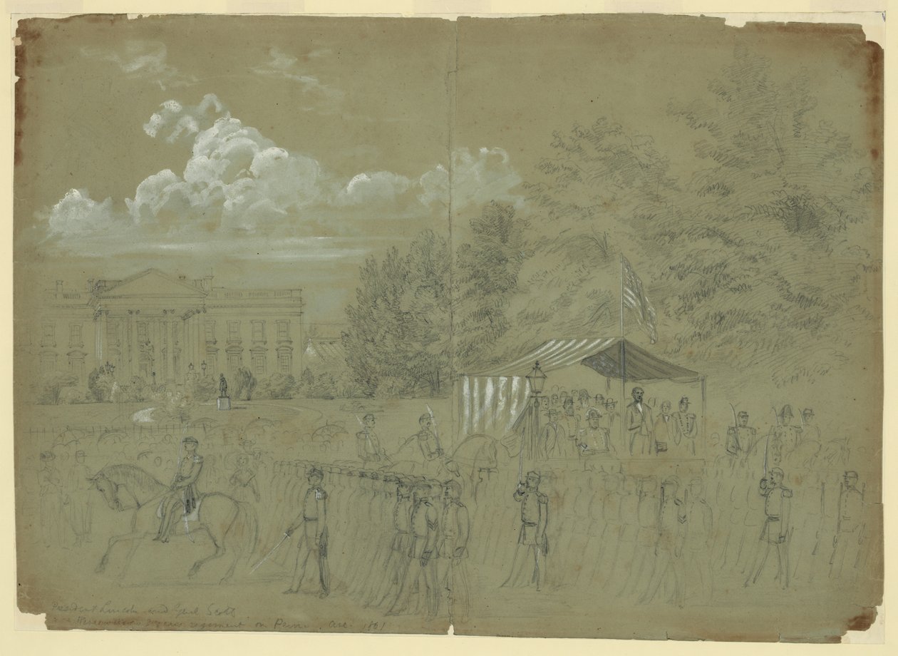 Presidente Lincoln e Genl. Scott Revendo 3 anos de regimento na Penn Avenue. 1861 de Alfred Rudolph Waud