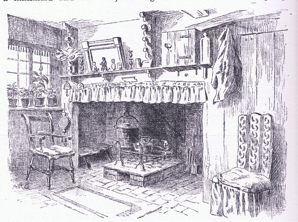 Interior de uma casa de campo de Surrey, dos chalés e da vida na aldeia rural de Inglaterra publicado pela Dent & Sons Limited, 1912 de Alfred Robert Quinton