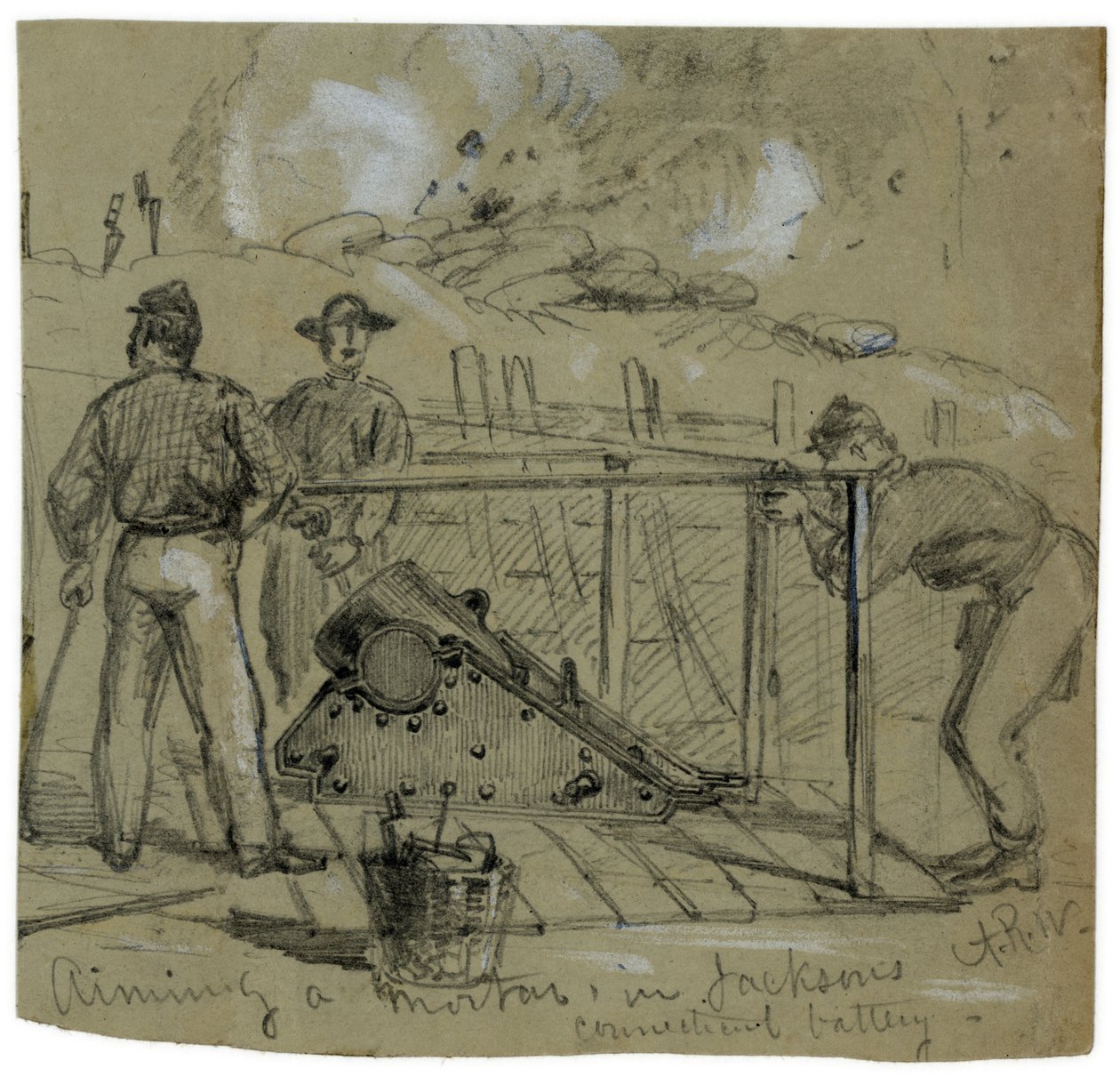 Visando uma argamassa de cerco de 8 polegadas nas trincheiras nos arredores de Petersburg, Virgínia, como esboçado por Alfred R. Waud de Alfred Rudolph Waud