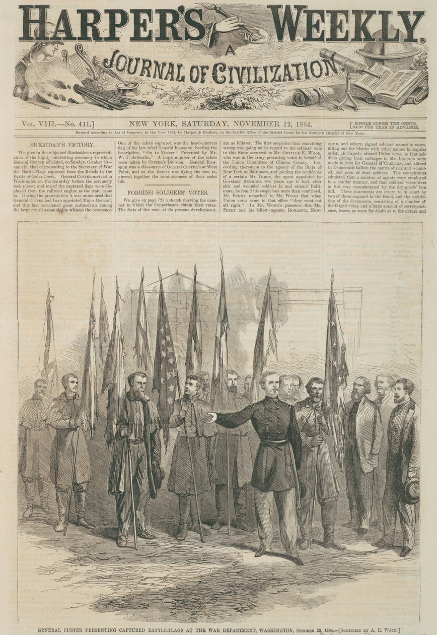 General Custer apresentando bandeiras de batalha capturadas no War Department, Washington, primeira página de &39;Harper&39;s Weekly&39;, 1864 (gravura em madeira) de Alfred Rudolph Waud