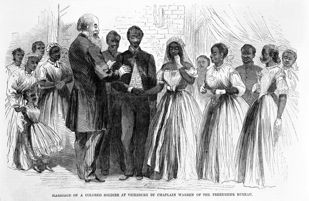 Casamento de um soldado colorido em Vicksburg pelo capelão Warren do Freedmens Bureau, pub. 1866 de Alfred Rudolph Waud