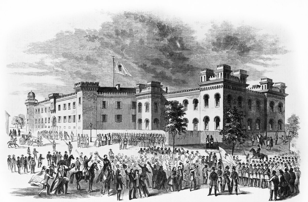O Arsenal do Estado da Carolina do Sul em Charleston, Carolina do Sul, protegido por desfilarem os destacamentos da Infantaria Ligeira de Washington, 1860 de Alfred Rudolph Waud