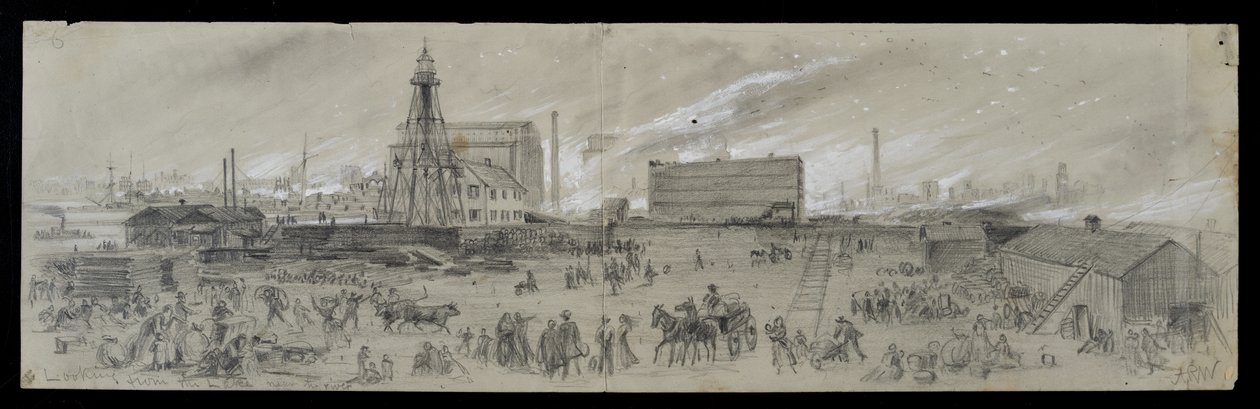 A vista do Lago Michigan, perto do rio Chicago durante o incêndio de Chicago de 1871 (lápis e giz sobre papel) de Alfred Rudolph Waud