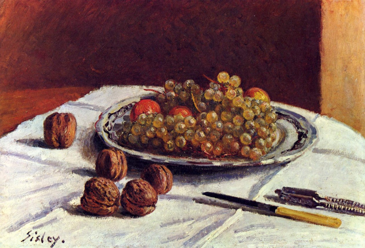 Ainda vida, uvas e nozes de Alfred Sisley