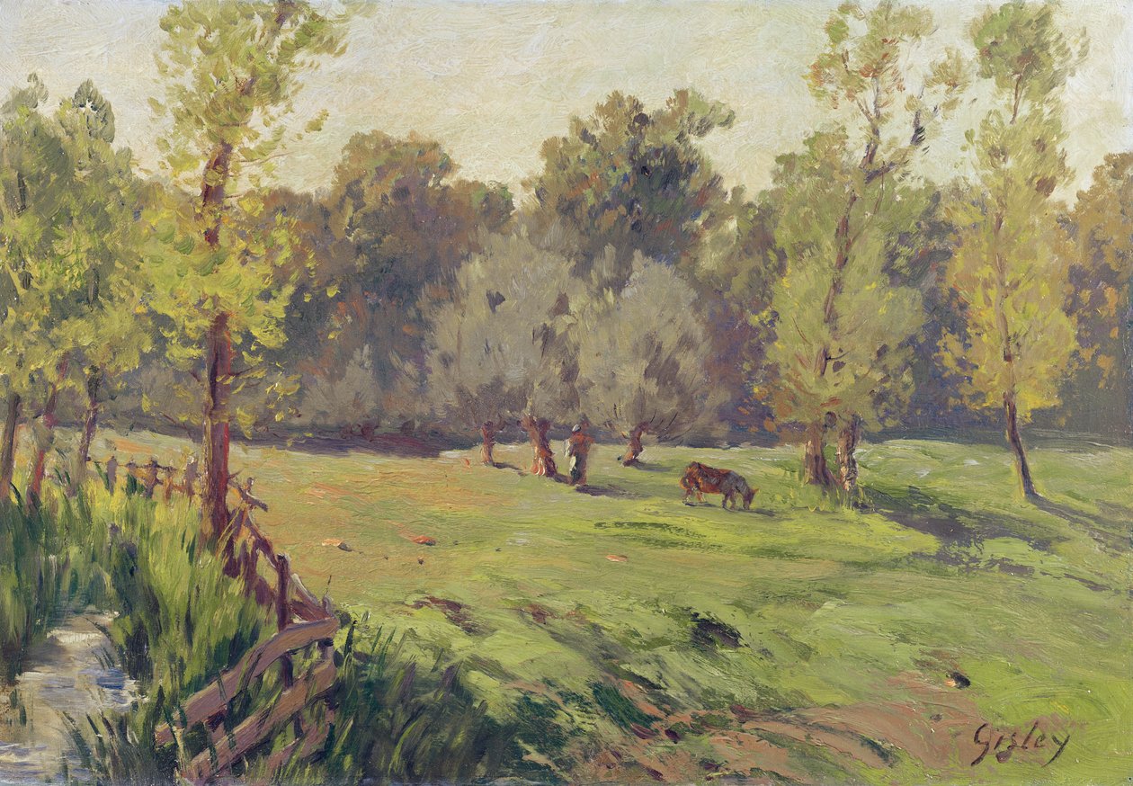 Um pasto com um córrego e um cerco, c.1868 de Alfred Sisley