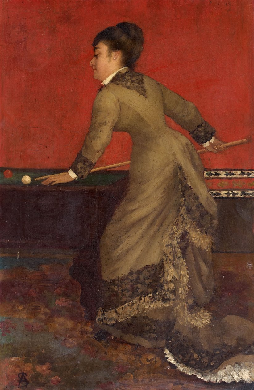Elegante no Bilhar. Uma mulher aristocrática vitoriana jogando bilhar carambola. de Alfred Emile Stevens