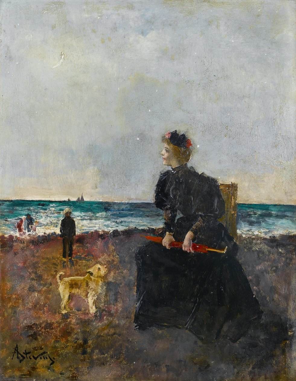 Mulher sentada na praia de Alfred Emile Stevens