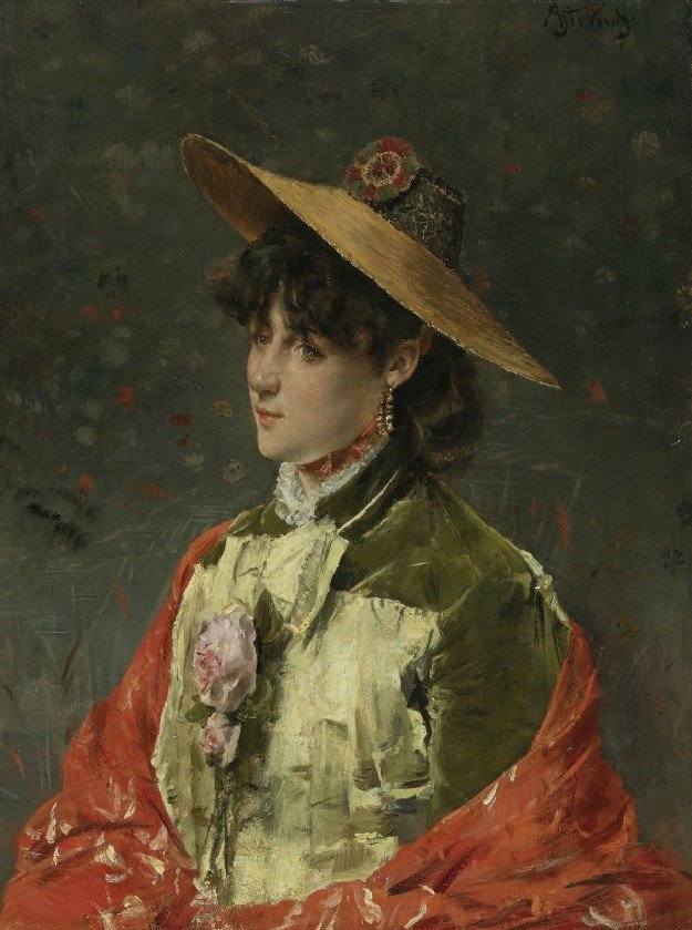 Mulher, com, chapéu palha de Alfred Emile Stevens