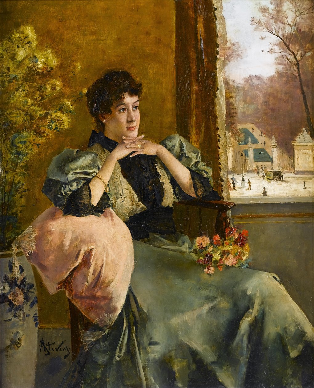 Mulher pensativa perto de uma janela de Alfred Emile Stevens