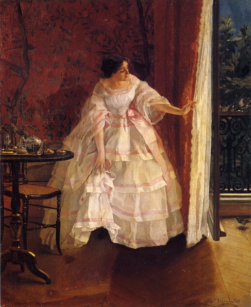 Senhora em uma janela, alimentando pássaros de Alfred Emile Stevens