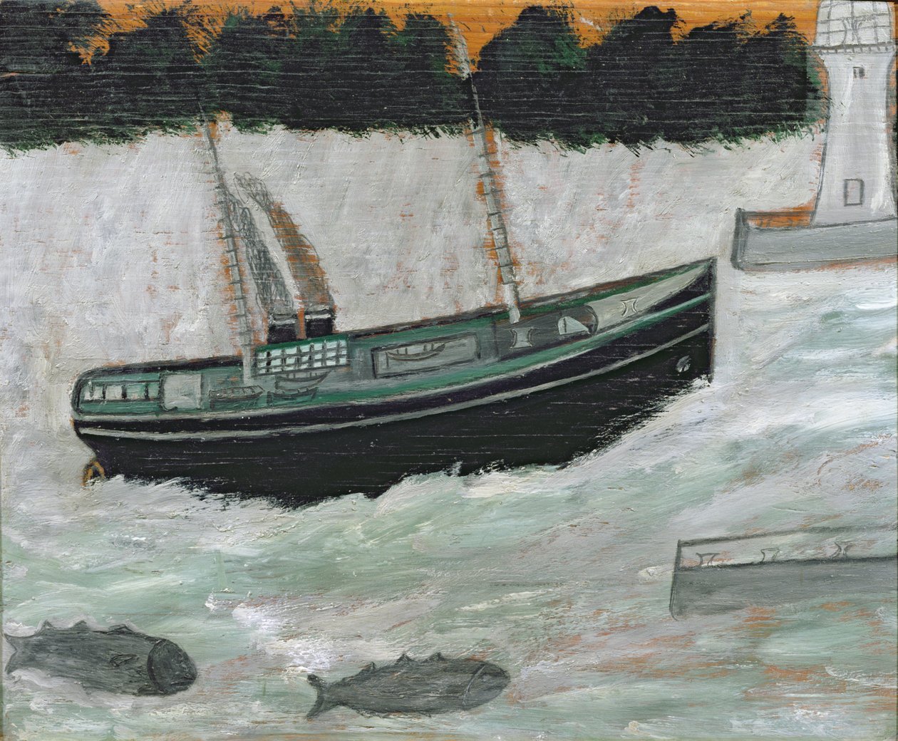 Farol com arrastão e peixe de Alfred Wallis
