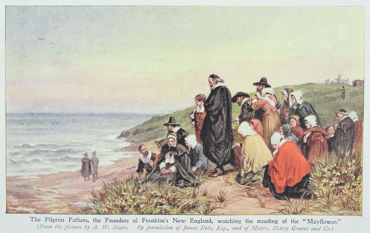 Os Padres Peregrinos, os Fundadores da Nova Inglaterra de Franklin, observando o Recolhimento do &39;Mayflower&39;, ilustração de &39;Vidas dos Grandes Homens Contados por Grandes Homens&39;, editado por Richard Wilson, c.1920s (colo de Alfred Walter Bayes